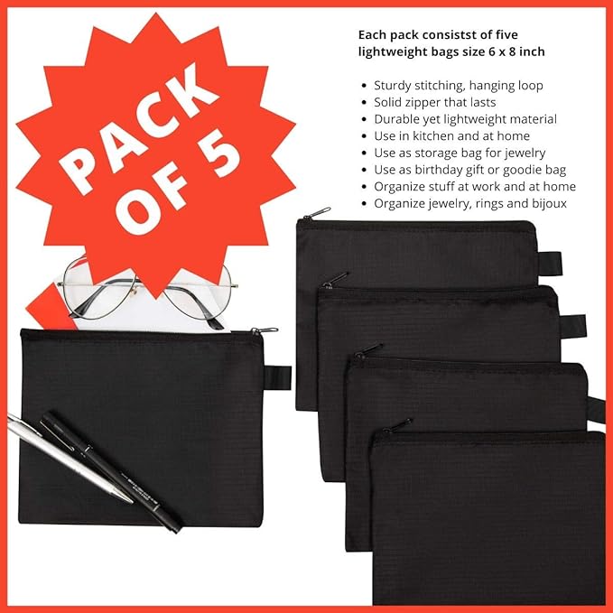 Sun Life Style Zipper Bag - Set Of 5 - Carry All Pouch To Organize Travel Toiletries Pens Cosmetics (8 x 6, Black)