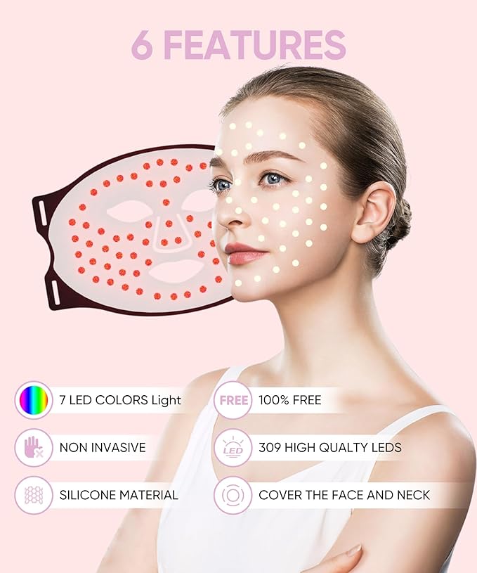 Red Light Therapy Mask for Face and Neck, 7-Color LED Face Mask Light Therapy with 850nm NIR -Professional Red Light Therapy for Face, Skin Rejuvenation, Anti-Wrinkle & Firming at Home