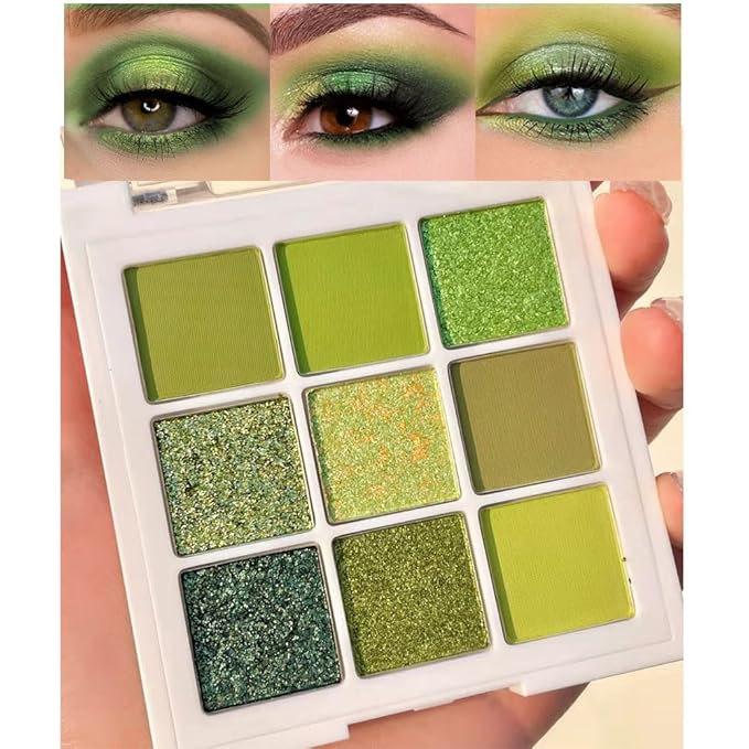 AMY'S DIARY Light Bright Green Glitter Shimmer Eye Shadow Makeup Palette 9 Colors, Emerald Dark Avocado Neon Green Highly Pigmented Matte Glitter Shimmer Pearl Waterproof for woman