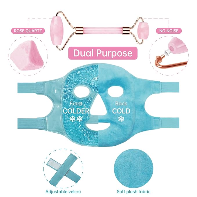 ZNÖCUETÖD Ice Face Facial Jade Roller and Ice Face Mask Cold Cooling Gel Mask Gift Set for Women Aging Wrinkles Lifting Firming Puffy Eyes, Eye Face Neck Roller Massager SPA Tools