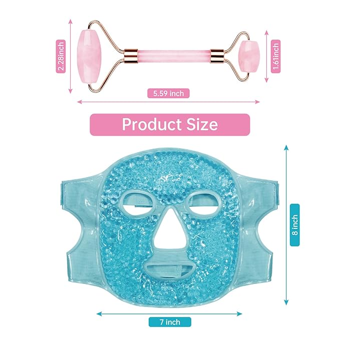 ZNÖCUETÖD Ice Face Facial Jade Roller and Ice Face Mask Cold Cooling Gel Mask Gift Set for Women Aging Wrinkles Lifting Firming Puffy Eyes, Eye Face Neck Roller Massager SPA Tools