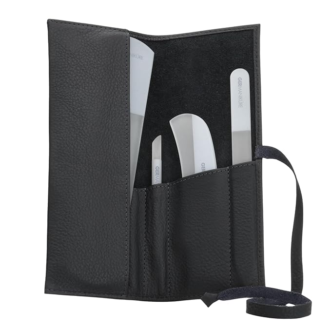 4pcs Manicure Set Genuine Czech Crystal Gray Glass Nail File Moon File Manicure Stick Pedicure Foot Care Bar in Black Leather by GERmanikure