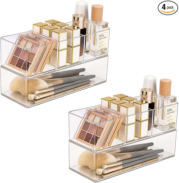 JessLab Acrylic Organizers, Bathroom Organizer for Drawer, 4-Pack Cosmetic Display Cases for Vanity, Countertop, Desk, Kitchen, and Makeup Storage, 2 of 1-Compartment and 2 of 3-Compartment
