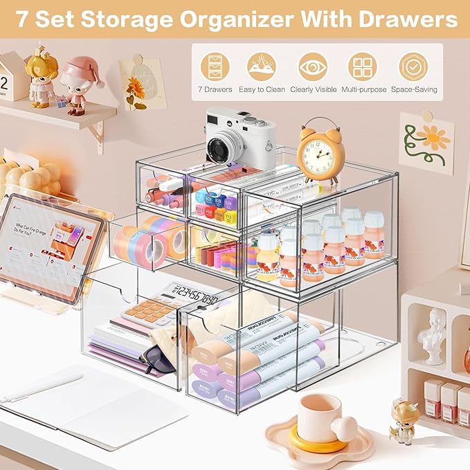 Desk Organizer with 7 Drawers, FODIENS 7 Packs Acrylic Stackable Desktop Storage Drawers Makeup Organizer, Clear Craft Storage Box Cabinets for Office Vanity Countertop Bathroom Bedroom