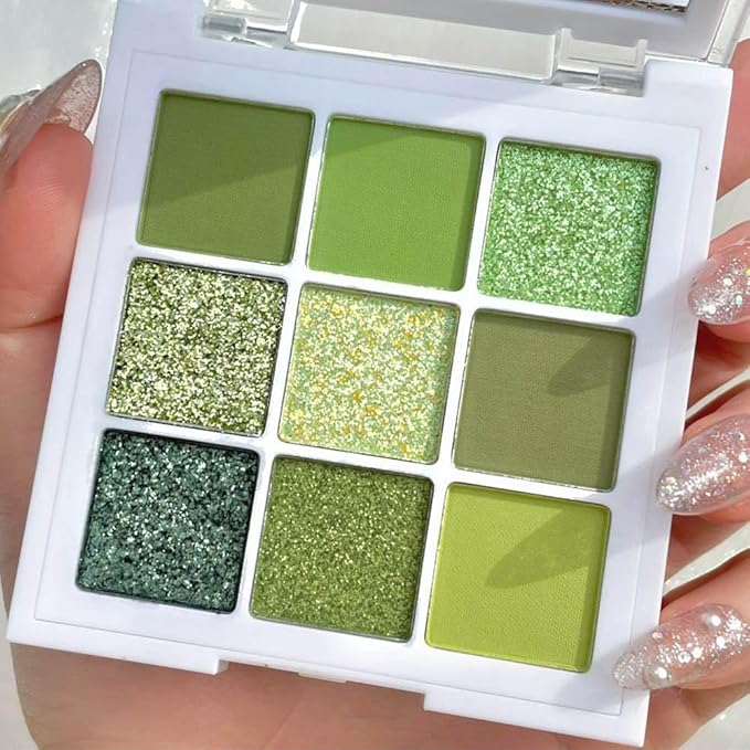AMY'S DIARY Light Bright Green Glitter Shimmer Eye Shadow Makeup Palette 9 Colors, Emerald Dark Avocado Neon Green Highly Pigmented Matte Glitter Shimmer Pearl Waterproof for woman