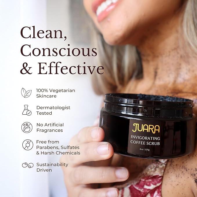 JUARA Invigorating Coffee Scrub - Exfoliating Body Scrub with Sumatra Coffee Beans & Rice Protein - Sulfate-Free Body Exfoliator for Smooth Skin, Indonesian Jamu Formula, 8 oz
