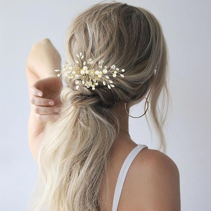 Hair Comb and 4 Pins Bridal Hair Accessories, Pearl Crystal Rhinestone Wedding Hair Comb and Hair Pins for Brides Bridesmaids Women Girls (Gold, 5 Pieces)