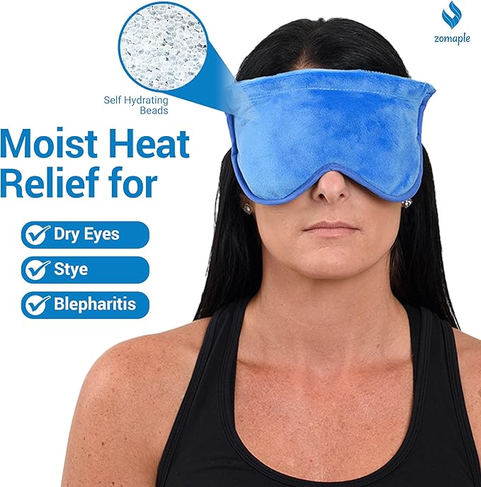ZOMAPLE Heated Eye Mask, Blue – Soothing Moist Heat for Dry, Tired Eyes – Quick Microwave Prep, Adjustable Strap, Travel Pouch & Plush Washable Cover – Reusable, Cord-Free Warm Compress for Eyes