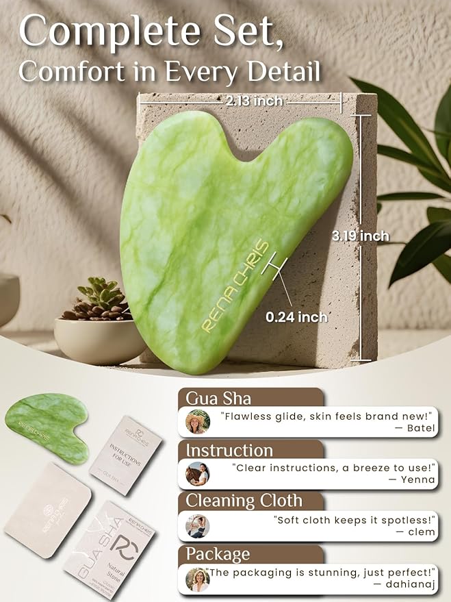 Rena Chris Gua Sha Facial Tools, Jade Guasha Tool for Acupuncture, Manual Massage Tool for Jawline Sculpting and Puffiness Reducing, Gua Sha Facial Massage Tool, Skin-Care Gift (Green)