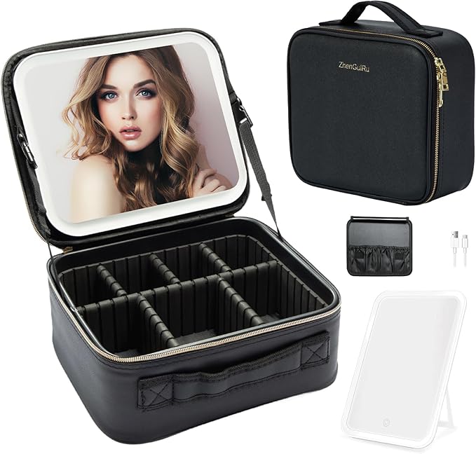 ZhenGuiRu Travel Makeup Bag with LED Mirror – Waterproof Cosmetic Train Case with Adjustable Dividers, Portable Makeup Organizer and Toiletry Bag for Women, Teens & Girls Gift, Black