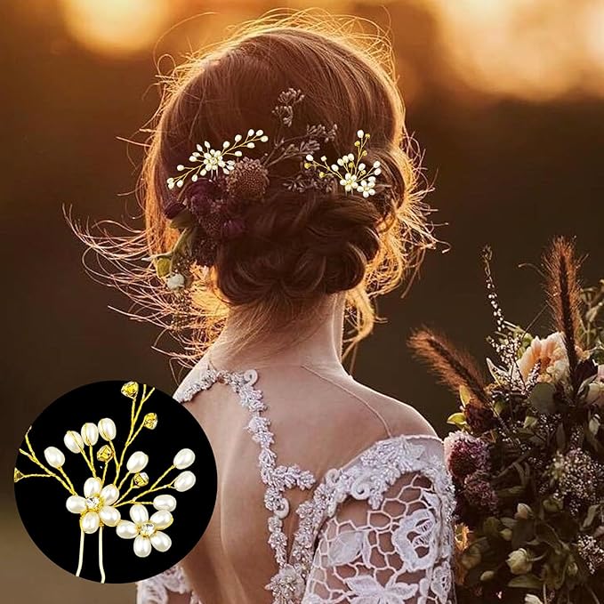 Hair Comb and 4 Pins Bridal Hair Accessories, Pearl Crystal Rhinestone Wedding Hair Comb and Hair Pins for Brides Bridesmaids Women Girls (Gold, 5 Pieces)