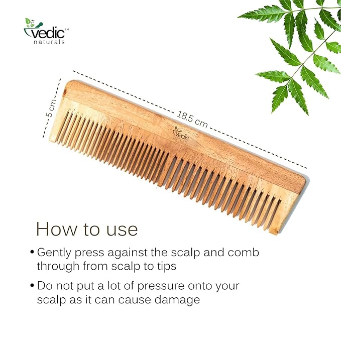 Vedic Naturals 100% Pure & Natural Neem Wood Comb | Promotes Hair Growth, Reduces Hair Fall & Control Dandruff | Wide & Thin Teeth