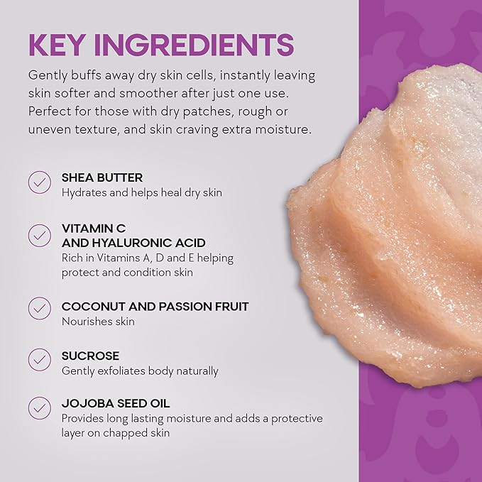 Dermasuri - Exfoliating Sugar Scrub - Body Scrubber for Men & Women - Exfoliates & Removes Dead, Dry Skin for a Soft & Radiant Glow - Deep Hydration & Moisture - Coconut Passion Fruit