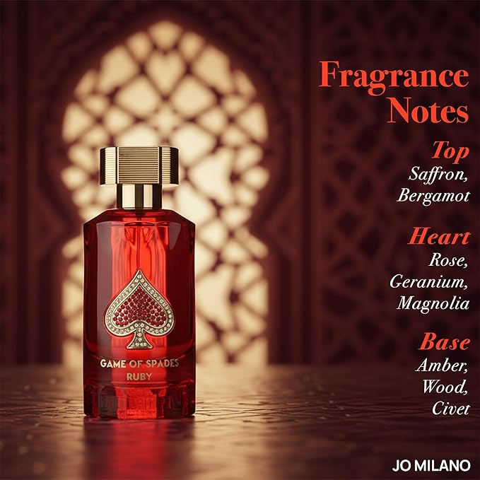 Jo Milano Game of Spades Ruby Parfum Spray | 3.4 oz (100ml) | Fruity, Amber, Sweet, Musky, Rose, Saffron Scent | Long Lasting Fragrance for Men and Women (Unisex)