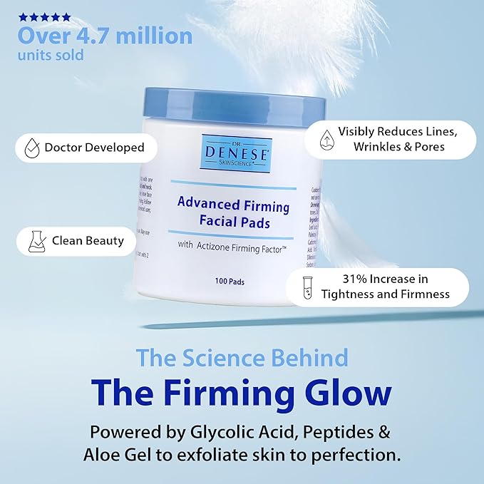 Dr. Denese SkinScience Advanced Firming Facial Pads 100 Count – Professional Exfoliator with Glycolic Acid, Peptides and Aloe for Smooth Radiant Skin, Refined Pores – Dermatologist Tested Cruelty Free