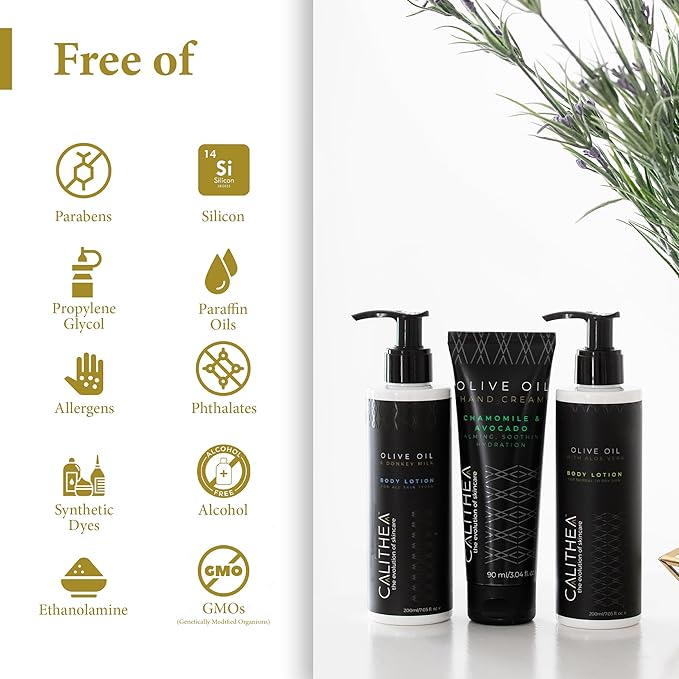 Calithea Endless Hydration Bundle: Donkey Milk Body Lotion, Aloe Vera Body Lotion, Chamomile & Avocado Hand Cream