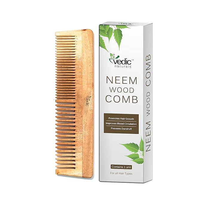 Vedic Naturals 100% Pure & Natural Neem Wood Comb | Promotes Hair Growth, Reduces Hair Fall & Control Dandruff | Wide & Thin Teeth