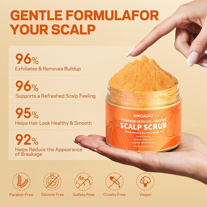 Scalp Scrub, Pumpkin Seed Oil Scalp Exfoliator With Biotin & Rosemary, Sulfate Free Scalp Detox for Itchy Scalp & Dandruff & Buildup Removal & Hair Growth, Hair Scrub with Scrubber
