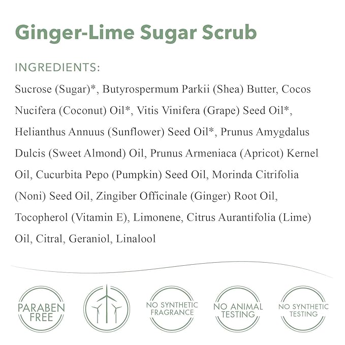 emerginC Scientific Organics Ginger-Lime Sugar Scrub - Exfoliating Body Scrub with Vitamin E + Moisturizing Shea Butter, Ginger Root Oil + Coconut Oil - Removes Dead Skin (8 oz)