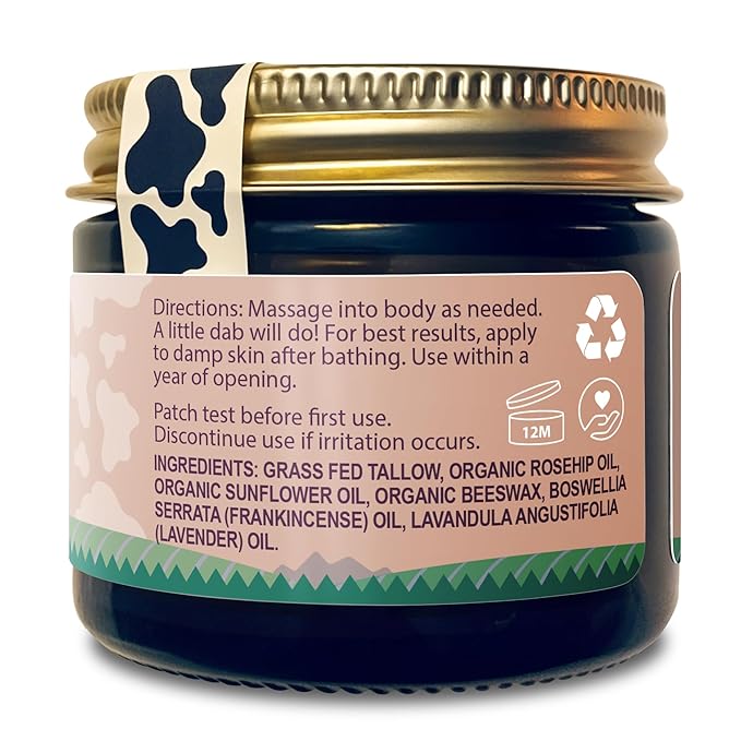 Organic Beef Tallow Balm with Frankincense, Lavender, & Rosehip Oil, 2 oz – Hand Made in USA Tallow Moisturizer for Dry, Sensitive Skin, Rosacea, Eczema | Natural Hydration for Face & Body