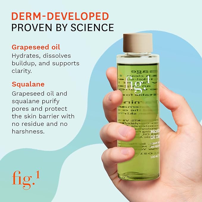 Fig.1 Micellar Oil Cleanser Refill for Face - Makeup Remover Cleansing oil, Facial Cleanser - Squalane & Grapeseed Oil Formula, Cleanse without Clogging Pores, Acne-Prone Facial Skincare, 3.4 Fl/Oz