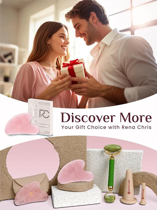 Rena Chris Gua Sha Facial Tools, Rose Quartz Guasha Tool for Acupuncture, Manual Massage Tool for Jawline Sculpting and Puffiness Reducing, Gua Sha Facial Massage Tool, Skin-Care Gift (Pink)