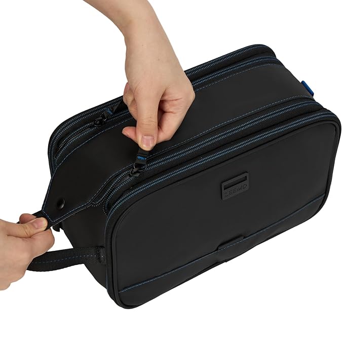 ZEEMO Travel Toiletry Bag for Men, Medium Water-Resistant Double-Sided Full-Open Dopp Kit, Versatile Organizer for Shower and Hygiene Accessories, Bathroom Essentials, Cosmetics, Black and Blue
