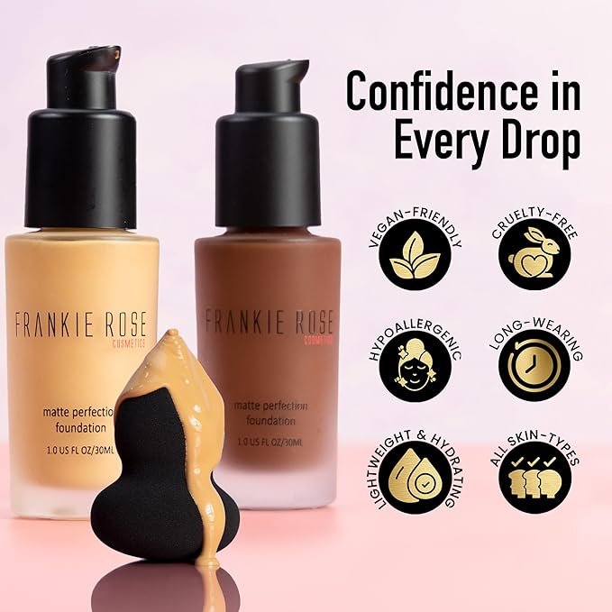 Frankie Rose Cosmetics Matte Perfection Foundation Makeup – Long-Lasting, Hydrating Foundation for Semi-Matte Finish - Full Coverage for All Skin Types - (Oatmeal Blend) 1.0 US fl oz / 30 ml