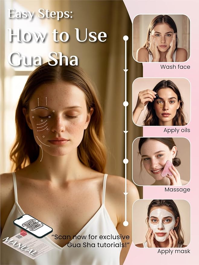 Rena Chris Gua Sha Facial Tools, Rose Quartz Guasha Tool for Acupuncture, Manual Massage Tool for Jawline Sculpting and Puffiness Reducing, Gua Sha Facial Massage Tool, Skin-Care Gift (Pink)