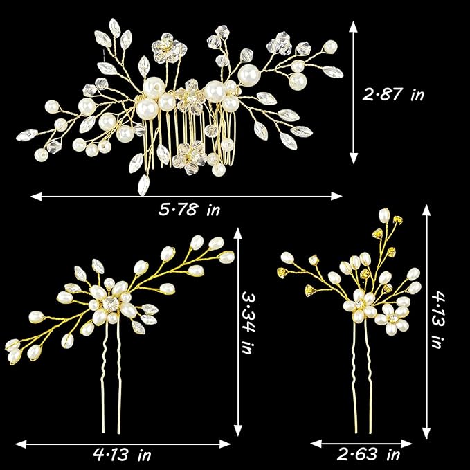 Hair Comb and 4 Pins Bridal Hair Accessories, Pearl Crystal Rhinestone Wedding Hair Comb and Hair Pins for Brides Bridesmaids Women Girls (Gold, 5 Pieces)