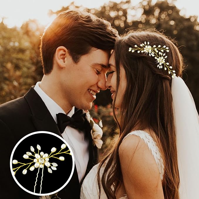 Hair Comb and 4 Pins Bridal Hair Accessories, Pearl Crystal Rhinestone Wedding Hair Comb and Hair Pins for Brides Bridesmaids Women Girls (Gold, 5 Pieces)