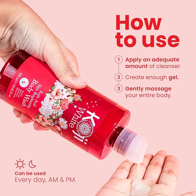 Koji White Kojic Acid Skin Brightening Body Wash - Daily Moisturizing Cleanser, Uneven Skin Tone with Flower Acid Extracts, Hyaluronic Acid, Vitamin E & B5, Vegan Body Wash, 10.82 Fl oz