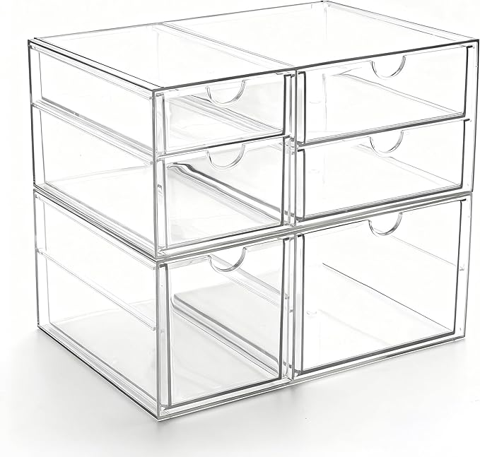 Prsildan Acrylic Drawer Makeup Organizer with 6 Drawers (Not for Baby Bottle), Set of 2 Office Desk Organizers Accessories, Clear Stackable Storage Drawers for Vanity, Craft (Largest Drawer 4" Tall)