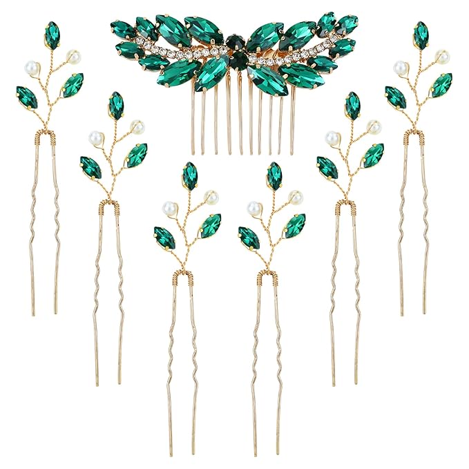inSowni 7 Pieces Vintage Proms Bridal Wedding Glitter Green Rhinestone Crystal Gold Metal Hair Side Combs Slides U-shaped Hair Pins Accessories for Women Flower Girls Brides Bridesmaids