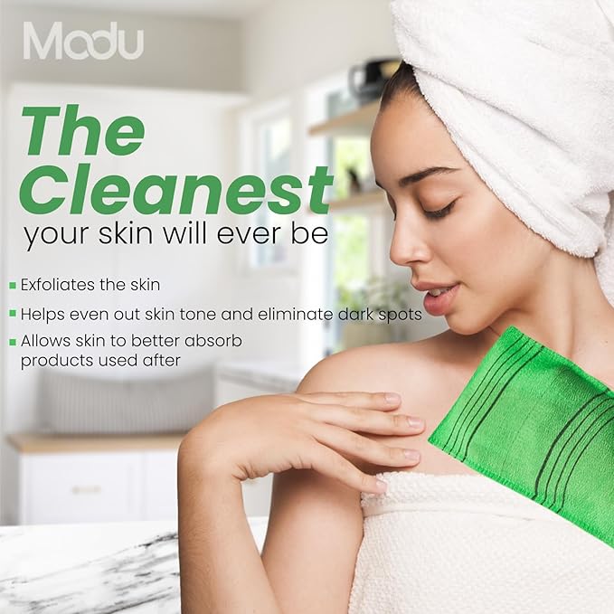 Modu Korean Exfoliating Mitts Large 5PCS (Green) – Exfoliating Gloves Body Scrubber Italy Towel Washcloth for Korean Spa at Home, Dead Skin Remover, 100% Vegan Viscose
