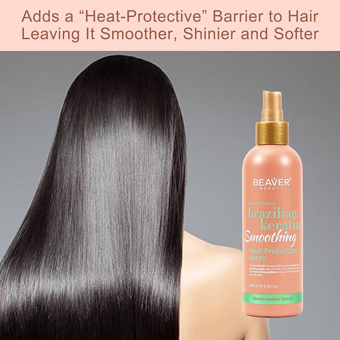 BEAVER Brazilian Keratin Heat Protection Spray, Keratin Smoothing Formula, Protects Against Heat Damage, Increases Smoothness, Shine and Softness, 6.76 fl.oz.