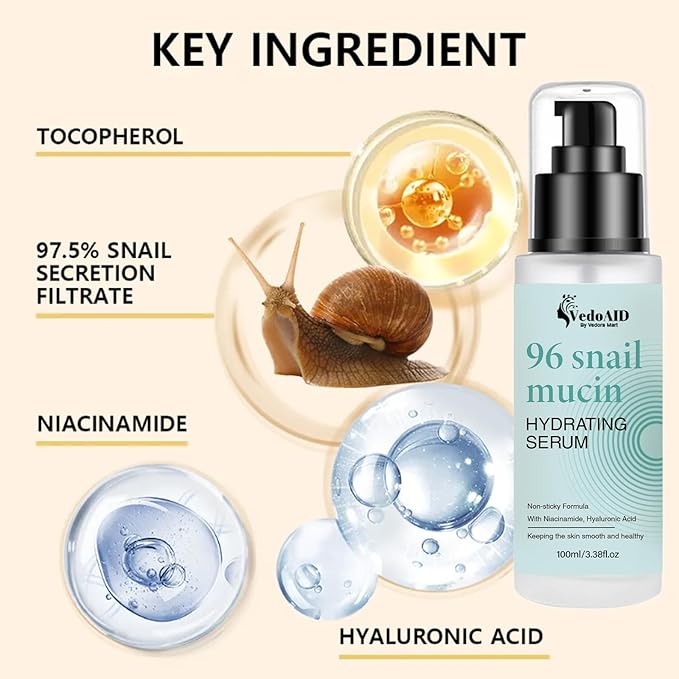 (2Pc) VedoAID Snail Mucin 96% Repair Essence: Advanced Hydrating Serum for Skin Repair, Anti-Aging, and Discoloration Correction (100ml+100ml)
