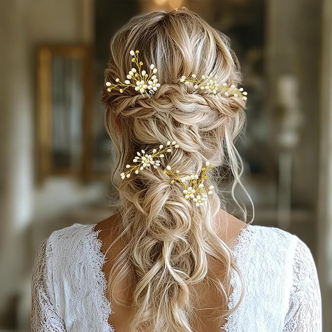 Hair Comb and 4 Pins Bridal Hair Accessories, Pearl Crystal Rhinestone Wedding Hair Comb and Hair Pins for Brides Bridesmaids Women Girls (Gold, 5 Pieces)