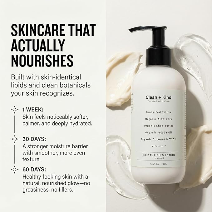 Daily Moisturizing Lotion – Tallow Body Lotion with Aloe Vera, Shea Butter, Jojoba Oil, MCT Oil & Vitamin E – Deep Hydration for Dry, Rough, Sensitive Skin (8 Fl Oz, Unscented)