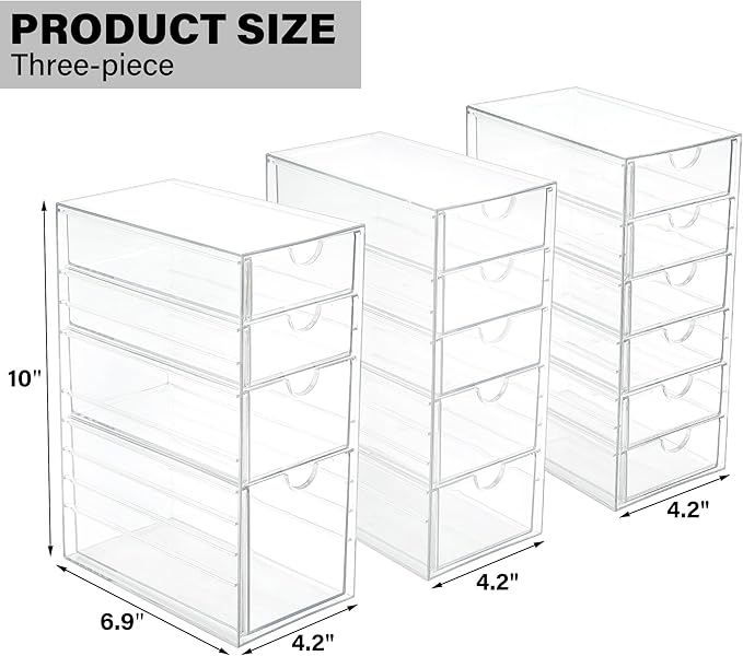 Prsildan Acrylic Drawer Organizer with 15 Drawers, Makeup Craft Office Desk Organizers Accessories, Set of 3 Clear Stackable Storage Drawers for Vanity, Countertop, Jewelry, Art Supply Organization