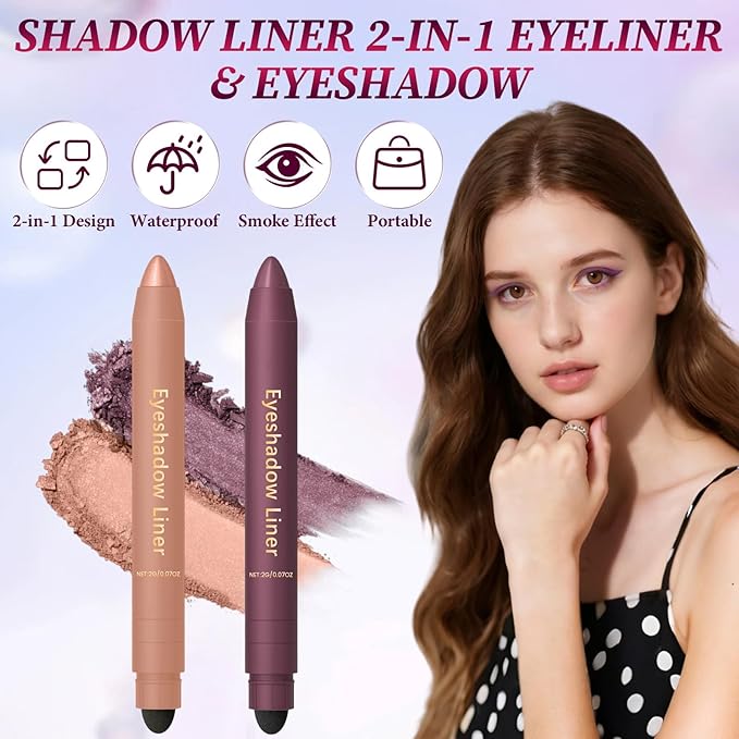 Shadow Liner 2-In-1 Eyeliner & Eyeshadow,Shadow Liner Duo,Plum Eyeshadow Stick,Waterproof,Long-Lasting & Smudge-Proof Wear,Smooth,Easy To Color (Champagne Gold+Purple)