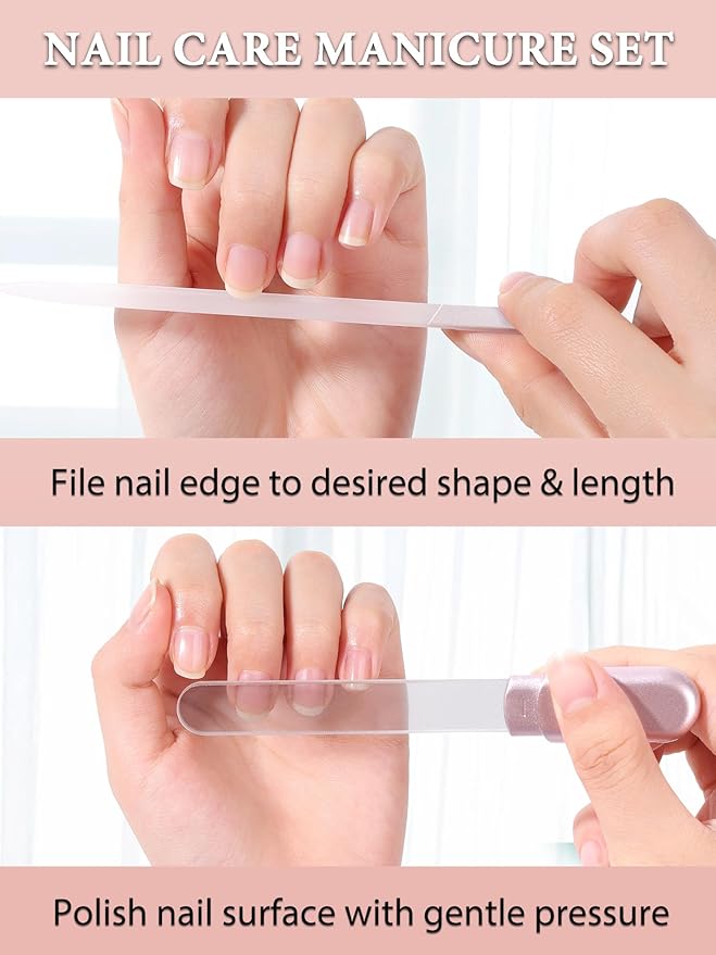 Glass Nail File and Buffer with Case, Crystal Fingernail Files for Natural Nails Nano Nail Shiner Polisher Care Kit for Travel Salon Stocking Stuffers for Women Girl Wife Gifts-Rose Gold