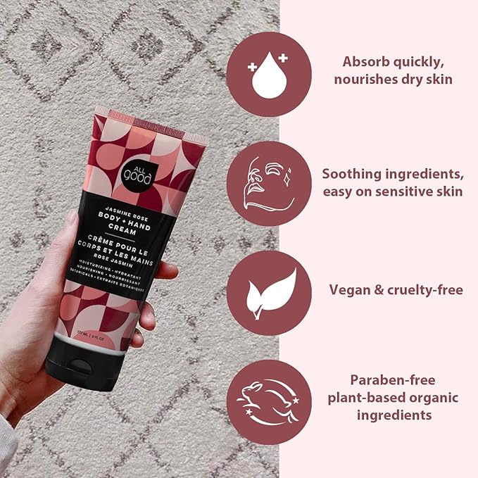 All Good Hand & Body Lotion - Moisturizing Organic Lotion for Dry Skin - Jasmine Oil, Cocoa Butter, Rosehip Oil, Arnica, Vitamin E - Non-Greasy Body Butter, 6 fl oz (3-pack, Jasmine Rose)