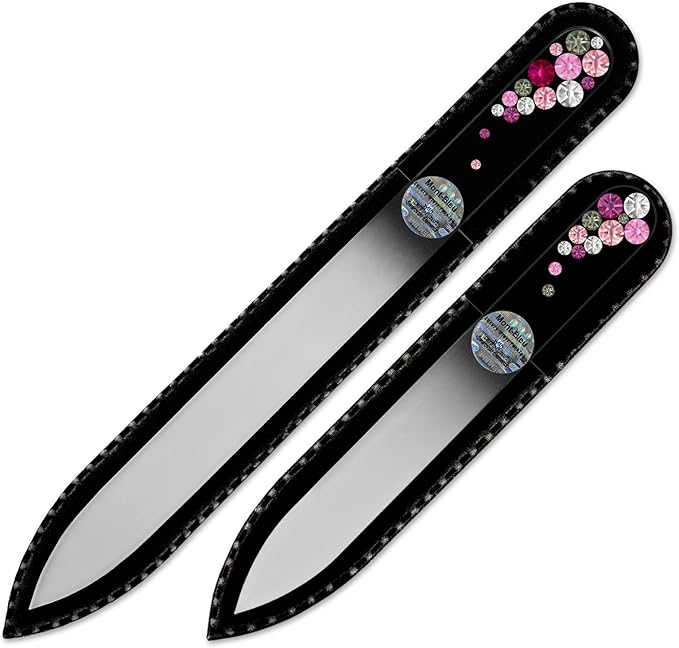 Nail File - Mont Bleu Premium Set of 2 Glass Nail Files Hand Decorated with Crystals - Genuine Czech Tempered Glass - Gifts for Women - Best Glass Nail Files for Natural Nails