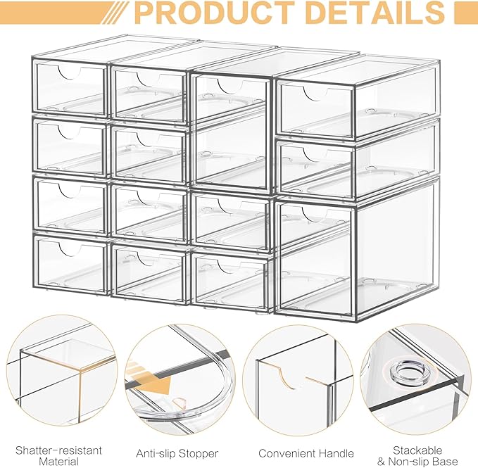 Desk Organizer with 14 Drawers, FODIENS 14 Packs Acrylic Stackable Desktop Storage Drawer Makeup Organizer, Clear Craft Storage Box Cabinets for Office Vanity Countertop Bathroom Bedroom