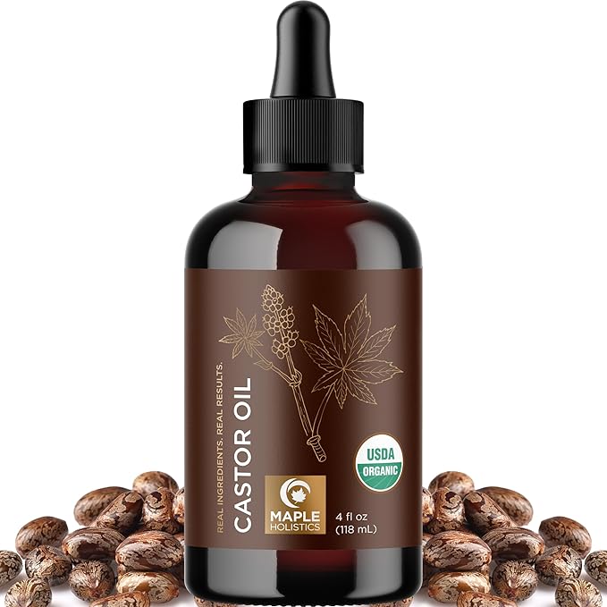 Organic Castor Oil Glass Bottle - 100% Pure Castor Oil Organic Cold Pressed Unrefined Glass Bottle - Extra Virgin Non GMO Hexane Free Cruelty Free Dermatologist Tested and USDA Certified (4 Fl Oz)
