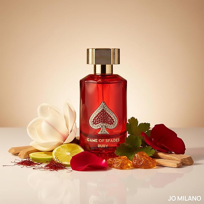 Jo Milano Game of Spades Ruby Parfum Spray | 3.4 oz (100ml) | Fruity, Amber, Sweet, Musky, Rose, Saffron Scent | Long Lasting Fragrance for Men and Women (Unisex)