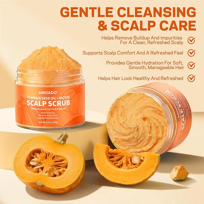 Scalp Scrub, Pumpkin Seed Oil Scalp Exfoliator With Biotin & Rosemary, Sulfate Free Scalp Detox for Itchy Scalp & Dandruff & Buildup Removal & Hair Growth, Hair Scrub with Scrubber