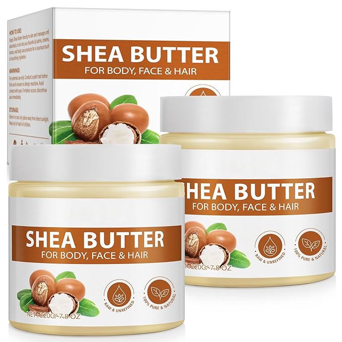 2 Pack Shea Butter Raw, Unrefined Body & Face Butter - 100% Natural Vitamin A, E & F - Long-Lasting Hydration for Dry Skin, Hair Care, 7.8 oz