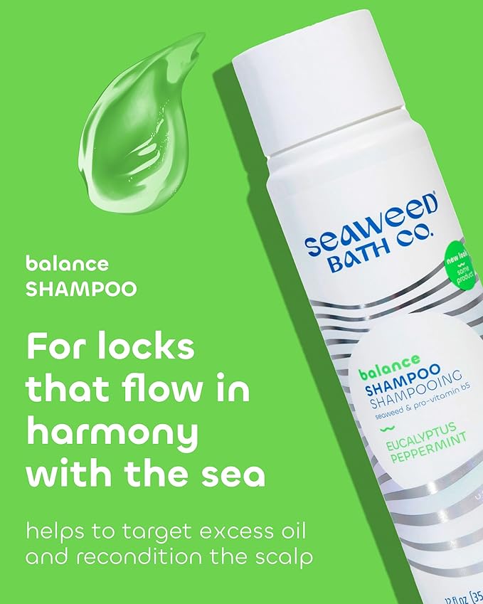 Seaweed Bath Co. Balance Shampoo - Eucalyptus Peppermint - Hydrating Daily Shampoo with Vitamin E, Argan Oil, Coconut Oil - For Normal to Oily Hair - 12 oz